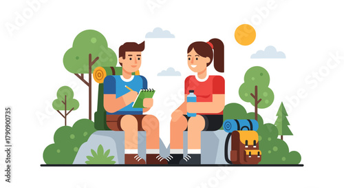 Couple Resting and Planning During a Hiking Adventure in the Wilderness