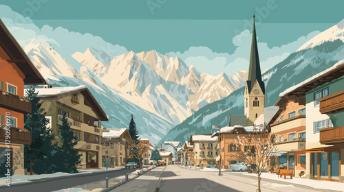 Cityscape of kaprun, town in austria, attractive touristic advertisement poster, beautiful touristic must-see destination. Beautiful tourist destination. Beautiful idyllic village Kaprun, mountain vil