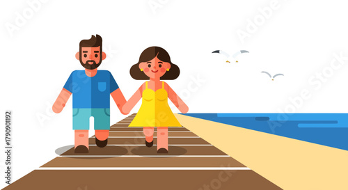 Couple Strolling Along A Coastal Boardwalk Under A Moonless Night Sky