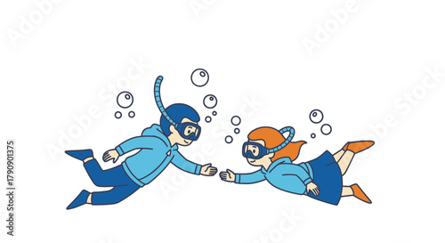 Couple Underwater Exploration: Colorful Illustration Depicting Marine Adventure