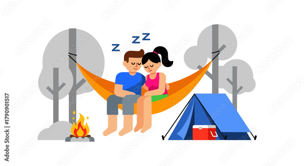 Naklejka premium Couple Camping Comfortably Relaxing In a Hammock Beside a Campfire Under the Stars