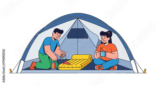 Couple Camping Inside Tent Prepares An Air Mattress For Adventure Together