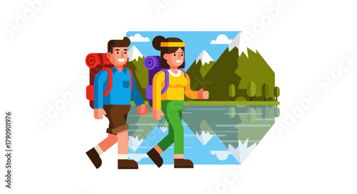 Couple Embarking On Adventure Hike Across Mountain Landscape Artwork Illustration