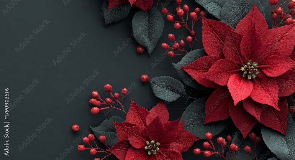 Obraz premium Bright Red Poinsettias With Dark Leaves and Berries Create a Stunning Festive Display