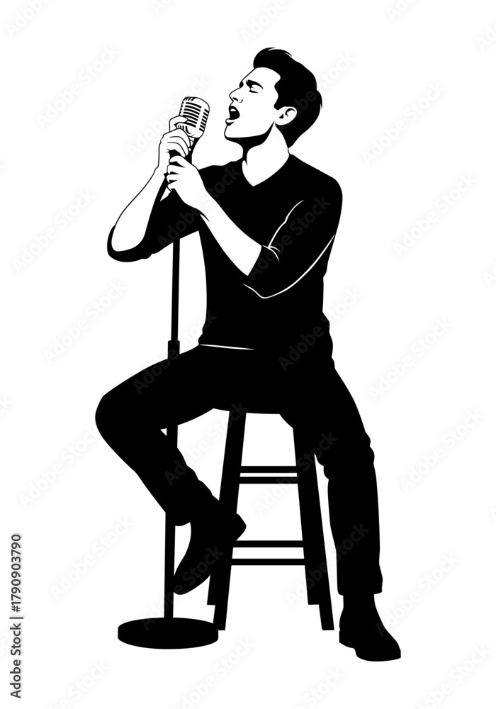 Fototapeta premium Monochrome Illustration of a Musician Sitting on a Chair Singing into Microphone