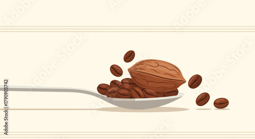 Creative Arrangement of Coffee Beans and Nut on a Spoon in a Light Background