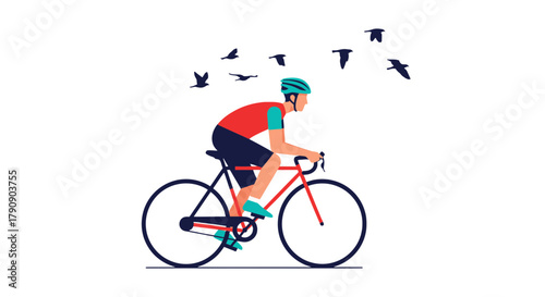 Cyclist Cycling in Silhouette with Birds Flying, Sport and Outdoor Activity