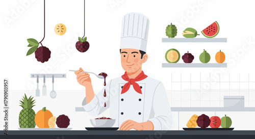 Creative Portrait Of A Chef Presenting Delicious Food In A Modern Kitchen Setting