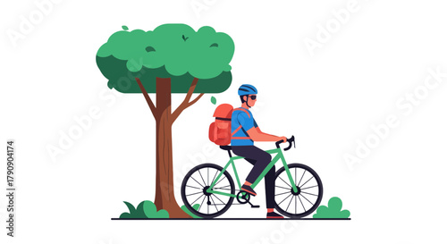 Cyclist Enjoying a Beautiful Day, Riding Along the Shaded Path Near a Tree