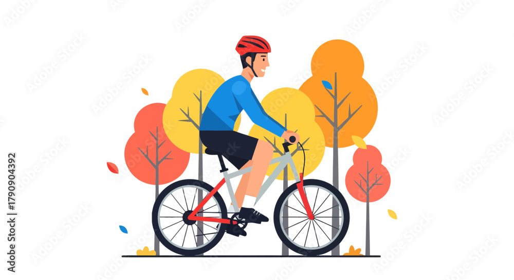 Fototapeta premium Cyclist Enjoying An Autumn Bike Ride Among The Colorful Trees During The Day