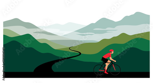 Cyclist Enjoys A Scenic Ride Through Mountainous Terrain With A Serene Backdrop