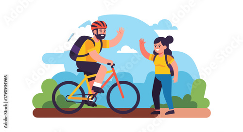 Cyclist And Hiker Exchange A Greeting While Enjoying A Sunny Outdoor Adventure