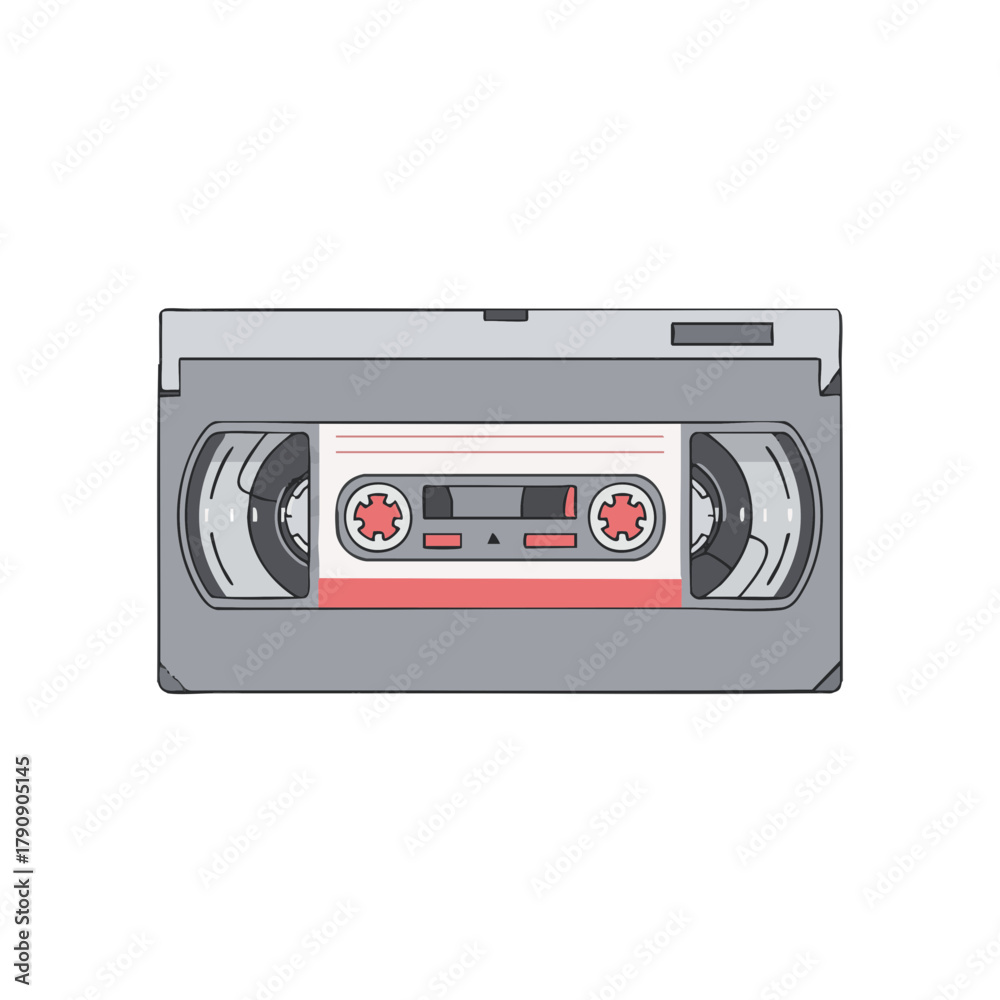 Obraz premium Flat minimal vector illustration of a retro VHS cassette in pastel red and gray tones on white background, clean nostalgic design symbolizing analog media and vintage technology
