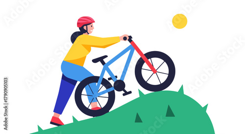 Cyclist Ascending Steep Hill at Night With Bicycle and Helmets is Challenging