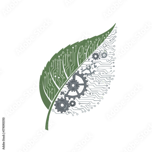 Flat minimal vector illustration of a leaf blending with mechanical gears and circuit lines in green and gray tones on white background, symbol of bioengineering, technology, and eco innovation