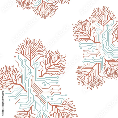 Minimal vector illustration of coral-inspired geometric structures forming tech circuits, organic-mechanical fusion in soft terracotta and blue tones on white background, bio architecture concept