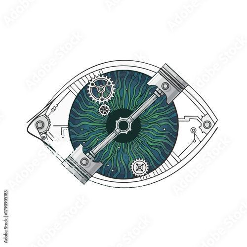 Flat minimal vector illustration of a stylized human eye with organic iris and mechanical elements on white background, symbol of AI, cyber vision, and bio-inspired future technology