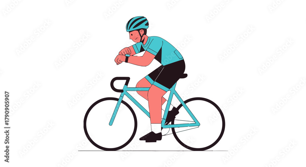Fototapeta premium Cyclist Checking Smartwatch While Riding Bicycle on Black Background Illustration