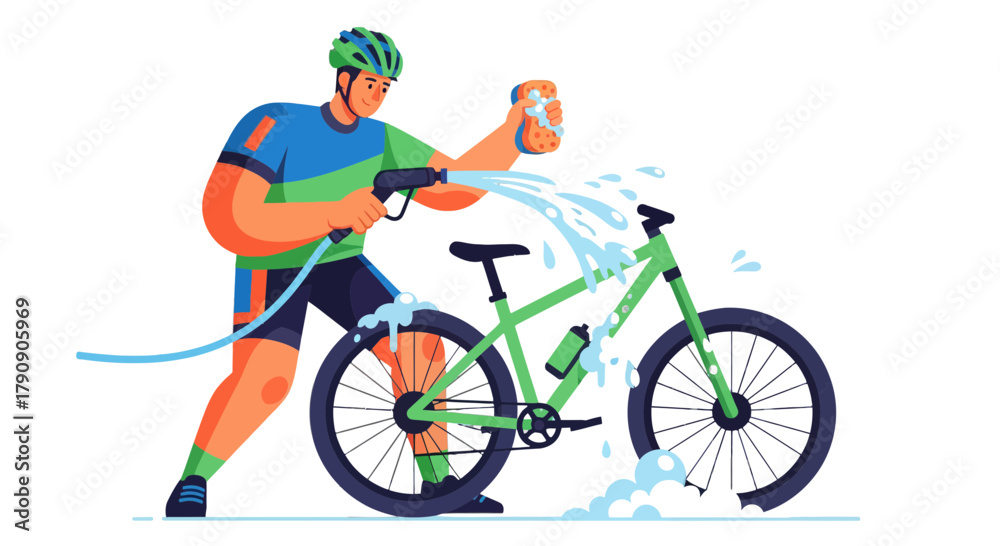 Fototapeta premium Cyclist Cleaning Bicycle With High Pressure Water and Cleaning Sponge Illustration