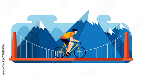 Cyclist Crossing Over Bridge Towards The Majestic Mountains Within A Natural Environment
