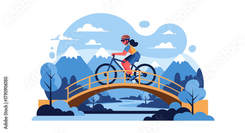 Cyclist on a Bridge in a Mountain Landscape: A Vector Illustration for Outdoors