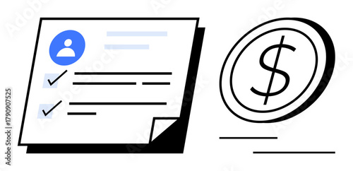 Profile checklist with user icon and completion marks next to a dollar coin. Ideal for evaluation, finance, business, investment, recruitment, budgeting, analytics, simple flat metaphor