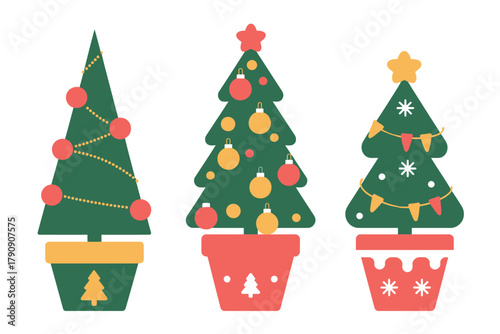 Three decorated Christmas trees in pots with festive ornaments and garlands stand side by side against a white background.