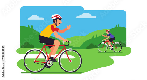 Cyclists Enjoying a Recreational Ride Through Scenic Landscapes on a Sunny Day