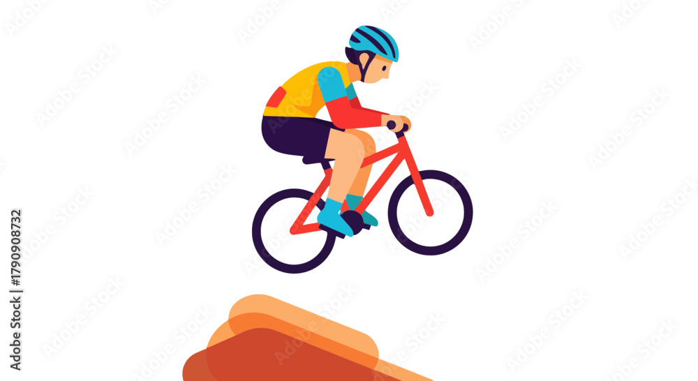 Fototapeta premium Cyclist Performing a Stunt, Bicycle Rider Cartoon on Black Background, Colorful Design