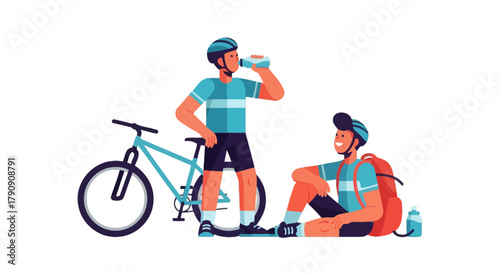 Cyclists Resting And Hydrating After Mountain Biking, With Gear and Refreshments