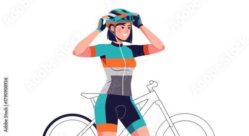 Cyclist Preparing For A Ride, Putting On Her Helmet And Readying Her Bicycle