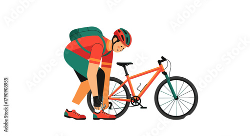 Cyclist Preparing For Ride, Bicycling Athlete Adjusting Shoe, Ready For Adventure, Black Background