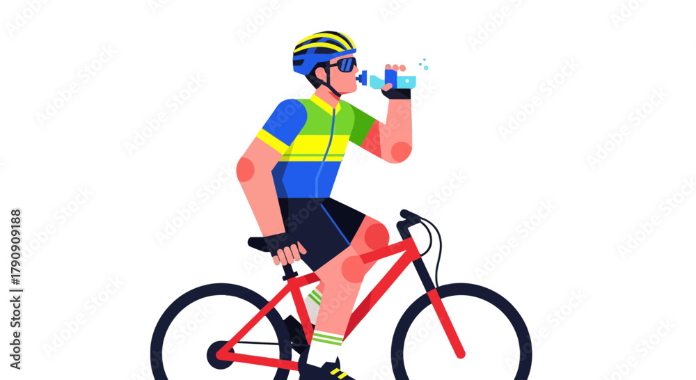 Fototapeta premium Cyclist Rehydrating During Bike Ride Against a Stark Black Backdrop Depiction