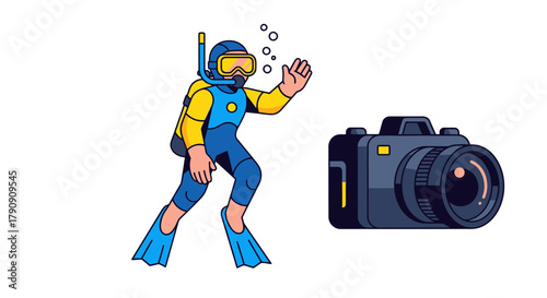 Diver Approaching a Camera: Underwater Photography Journey Against a Black Backdrop