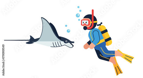 Diver Approaching a Majestic Manta Ray in the Deep Ocean Depths Exploration