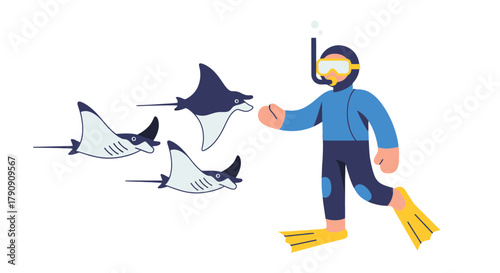 Diver Approaching Group of Manta Rays In The Deep Blue Ocean Illustration