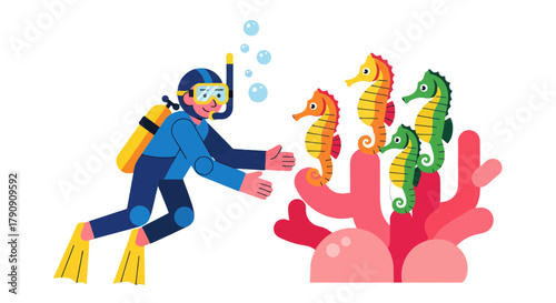 Diver Approaching Seahorses Near Coral, Encountering Marine Life, Underwater Exploration