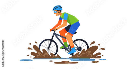 Cyclist Riding Through Mud Splash On Mountain Bike With Safety Gear In Illustration