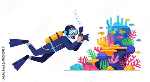 Diver Captures Aquatic Life With Camera In The Deep Sea, Underwater Photography Illustration