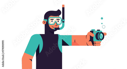 Diver Captures Underwater Moments With Camera, Illustration, Concept and Graphical Design