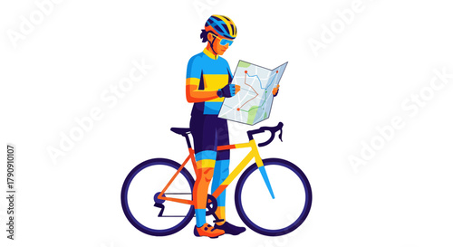 Cyclist Studies Map While Standing Beside His Vibrant Colored Bicycle on Black Background