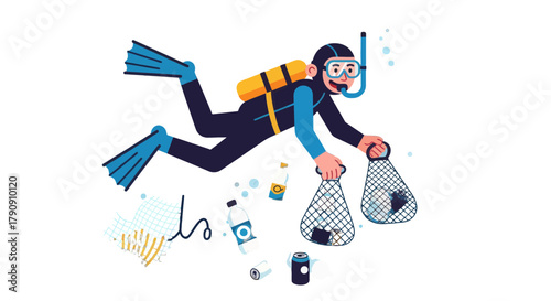 Diver Cleaning Ocean of Pollution with Garbage Bags Against Black Background Illustration