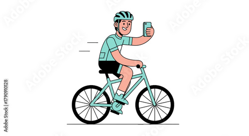 Cyclist Taking A Selfie While Cycling Amidst A Stark Black Backdrop Illustration
