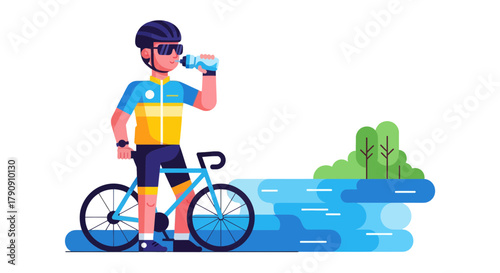 Cyclist Taking A Break to Drink Water Beside A River After A Long Road Ride