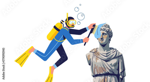 Diver Cleaning Ancient Statue: Conceptual Artwork Depicting Preservation and Restoration