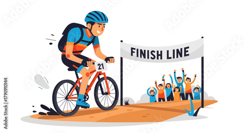 Cyclist Triumph Reaching The Finish Line Celebrating With The Proud Spectators