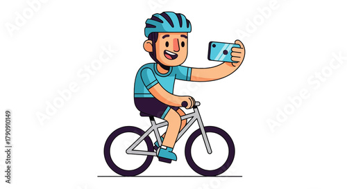 Cyclist Taking A Selfie While Riding A Bicycle, Sport And Social Media Concept