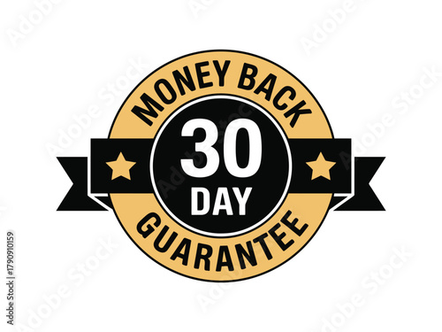 A circular badge with the text 'MONEY BACK 30 DAY GUARANTEE' is displayed with black ribbons and gold stars.