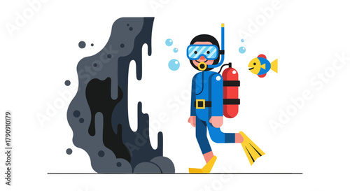 Diver Explores Marine Environment With Fish and Cave Underneath the Sea