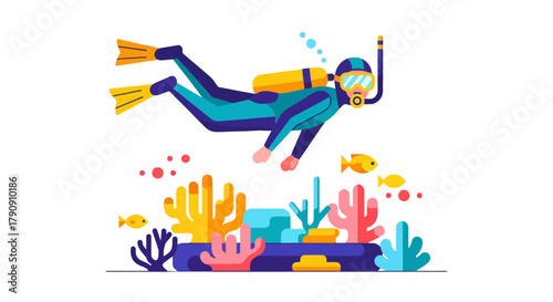 Diver Explores Marine Life and Coral Reefs Underwater in the Deep Ocean